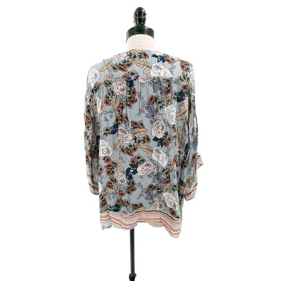 Democracy Women Long Sleeve V-Neck Floral Print Kimono Blouse Blue Size 2X - Picture 4 of 12